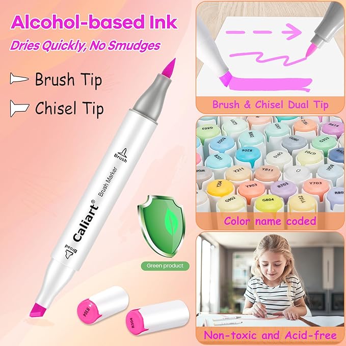 Caliart Alcohol Brush Markers, 51 Colors Dual Tip Artist Brush & Chisel Tip Sketch Art Markers, Aesthetic Cute Preppy Stuff School Supplies, Pens for Lettering Cards Drawing Mothers Day Gift for Mom