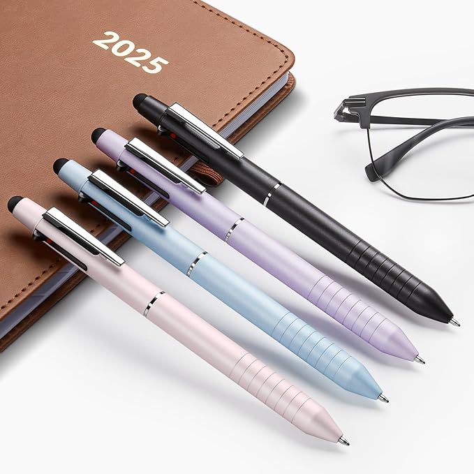 Sooez Multicolor Pen in One, Sleek Metallic 4 Color Ballpoint Pen, Medium Point (1.0mm), Retractable Ball Pen with Stylus Tip, Journaling Planner Pen for Nursing School Office Supplies, 3 Pack, Purple