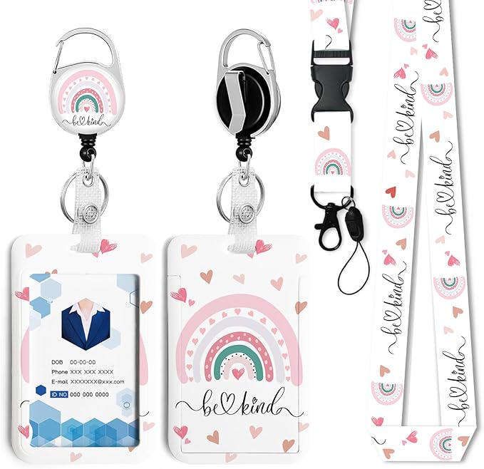 Rainbow Be Kind Badge Holder with Retractable Reel and Breakaway Lanyard,Badge Clips Retractable Heavy Duty Badge Reel,Funny Keychain,ID Holder with Breakaway Lanyard for School Nurse Office Teen