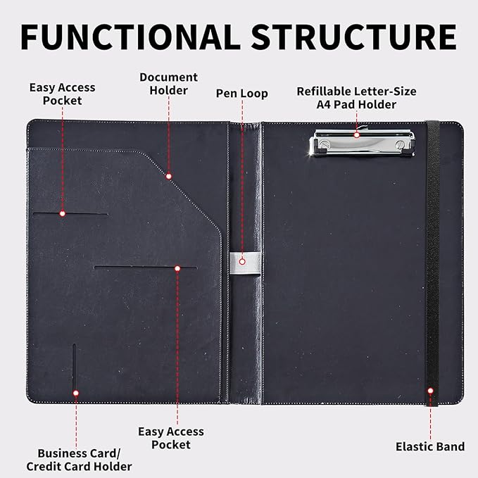 Padfolio Folder with Clipboard,Portfolios Organizer Clipboards with Storage Clipboard Writing Pad PU Leather Conference Document Organizer with Business Card Holder,Vintage Bookshelf
