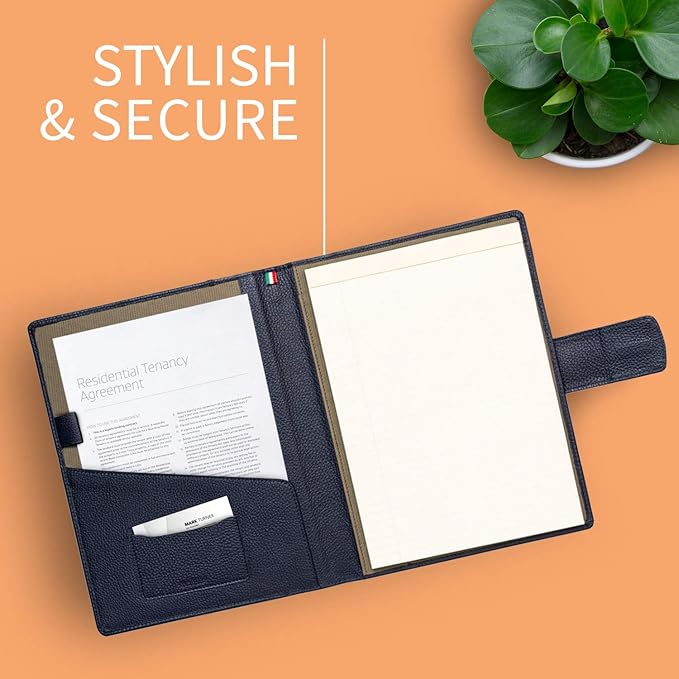 Maruse Italian Leather Executive Padfolio, Folder Organizer with Magnetic Closure and Writing Pad, Handmade in Italy, Navy Blue