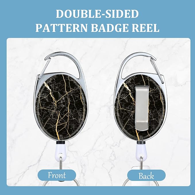 Badge Reels Retractable,Double Sided Color Print Pattern Retractable Badge Holders,with Retractable Keychain, Badge Clip and Key Ring,Durable Nylon Retractable Rope,Black Marble