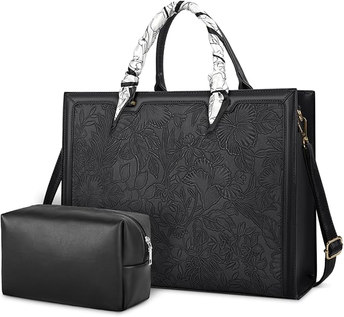 Laptop Bag for Women 15.6 Inch Leather Tote Bag Briefcase for Work Waterproof Lightweight Computer Work Bag Women Business Office Bag Handbag Shoulder Bag Purse 2pcs Set Black