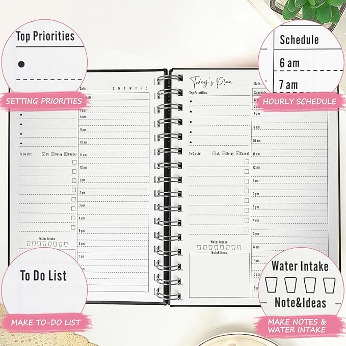 Undated Daily Planner,Undated Planner with Hourly Schedules, Daily Organizer Notebooks for work, Spiral Appointment Planner for Men and Wome, To Do List Notebook for Time Management, Elastic Closure, Pocket(Navy Blue)