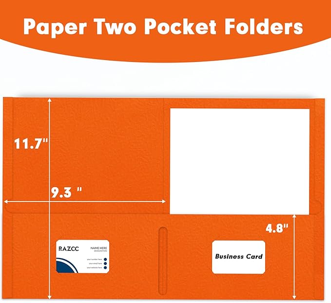 Two Pocket Folders, RAZCC 50 Pack 2 Pocket Folders Fit Letter Size Paper, Paper Folders with Pockets for School Office Business Home, Orange