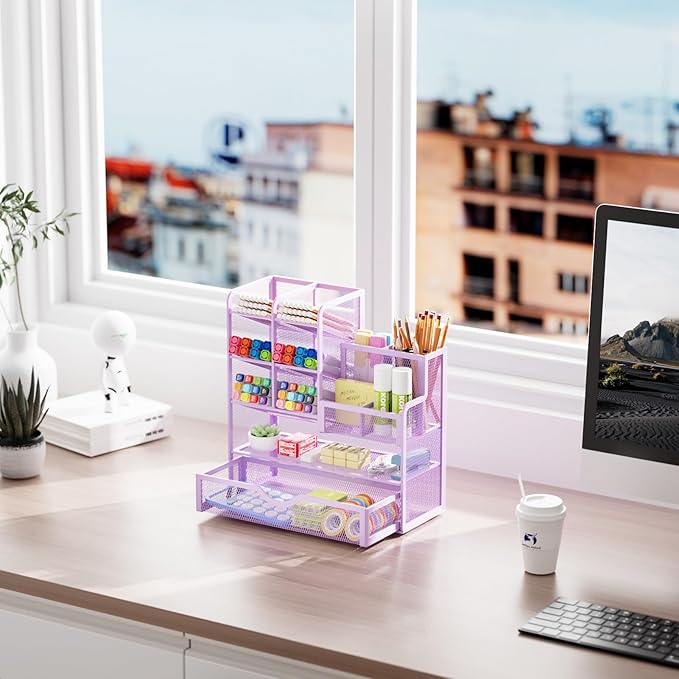 Marbrasse Mesh Pen Holder for Desk, Desk Organizer with Drawer, Multi-Functional Pencil Organizer, Desk Organizers and Accessories for Office Art Supplies (Purple)