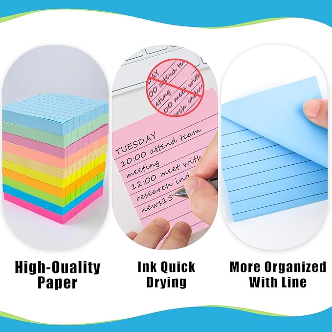30 Pads Lined Sticky Notes, Sticky Note Pads 3x3 inches, 10 Bright Color Sticky Notes with Lines Self-Stick Note Pads, Perfect for Office Home School(100 Sheet/Pad)