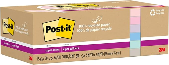 Post-it 100% Recycled Paper Super Sticky Notes, 3 in. x 3 in., 12 Pads, 70 Sheets per Pad, Wanderlust Pastels, School Supplies and Office Products