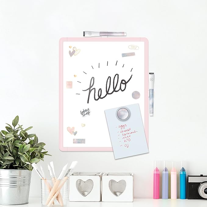 U Brands Contempo Magnetic Dry Erase Board Kit, Set of 15, 11”x14”, Pink Soft Dye Modern Frame, Includes Magnets, Markers