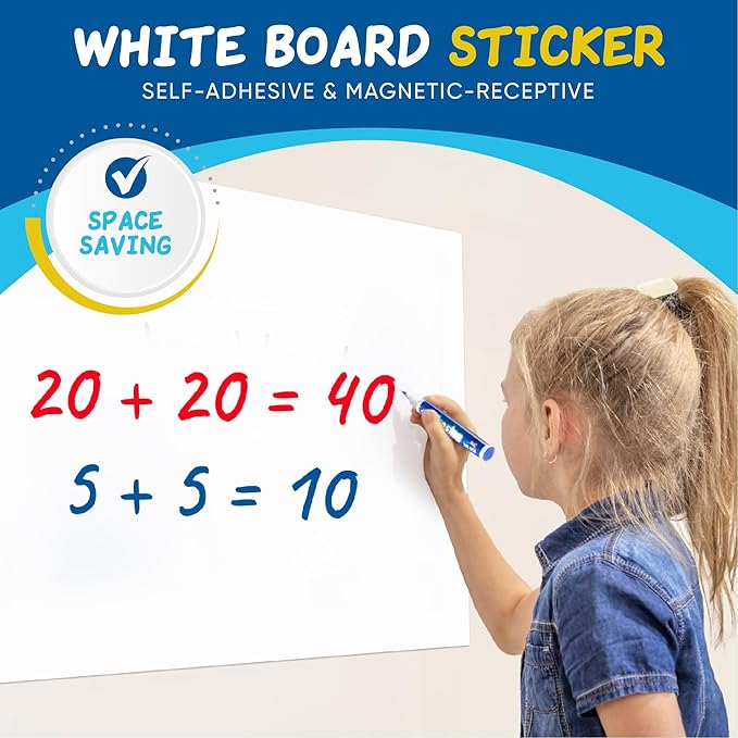 White Board Sticker 40" x 18”, Adhesive Magnetic Dry Erase Board for Wall, Peel and Stick Whiteboard Wallpaper with 8 Colors Marker for Kids Office Home