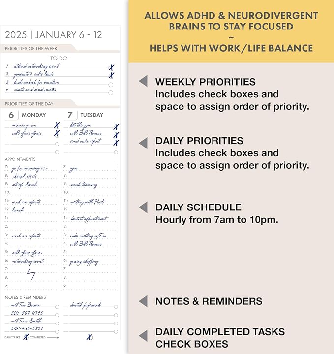 Essential PRO 2025 Daily, Weekly & Monthly Planner, 7"x9": 14 Months (Nov 2024 - Dec 2025) Monthly Tabs,Daily Tracking,Notes Pages,Storage Pocket,Bookmark w Sticky Notes (Watercolor Butterflies)
