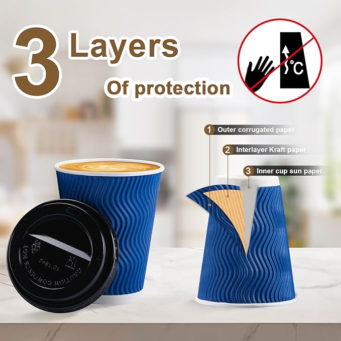 500 Pack Coffee Cups with Lids 12oz, Disposable Insulated Ripple Wall To Go Paper Coffee Cups for Hot/Cold Drinks Office Home Shop Event (Navy)