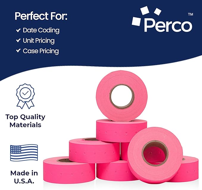 Perco 1 Line Fluorescent Pink Labels - 8 Rolls, 1 Sleeve, 8,000 Blank Price and Date Gun Labels for Perco 1 Line Price and Date Guns - Made in USA