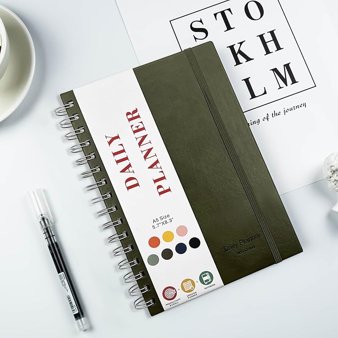 Undated Daily Planner,Undated Planner with Hourly Schedules, Daily Organizer Notebooks for work, Spiral Appointment Planner for Men and Wome, To Do List Notebook for Time Management, Elastic Closure, Pocket (Olive Green)
