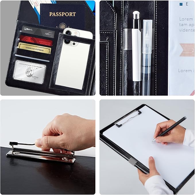 PU Leather Padfolio Folder Clipboard Portfolios Organizer Conference Document Organizer with Business Card Holder Storage Clipboard Writing Pad,Blue Flowers