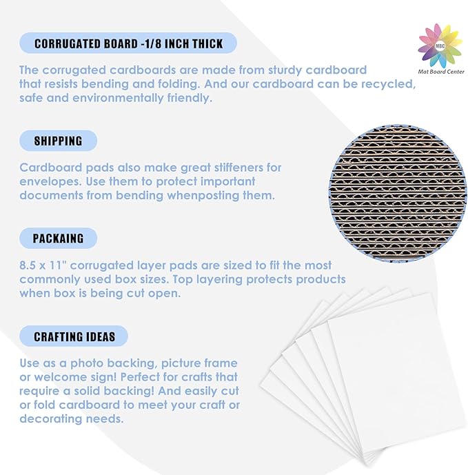 Mat Board Center, 25 pack 8.5x11 Corrugated Cardboard sheet, 1/8 inch thick, Flat Cardboard Inserts for Mailing, Packaging & Shipping, Cardboard Backing, Craft Card Board (White on one side)