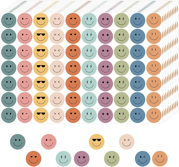 6000 Pieces Boho Happy Smile Face Stickers for School Reward Behavior Chart,3/8 Inch in Diameter Round Bohemian Style Reward Labels 10 Styles Happy Face Stickers for Teachers (50 Sheets)