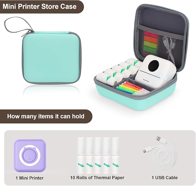 QYCHHJ Carrying Case for Phomemo T02/Memoking/HUIJUTCHEN Mini Sticker Printer, Portable Hard Travel Case for Label Maker, Thermal Printer Paper, Green