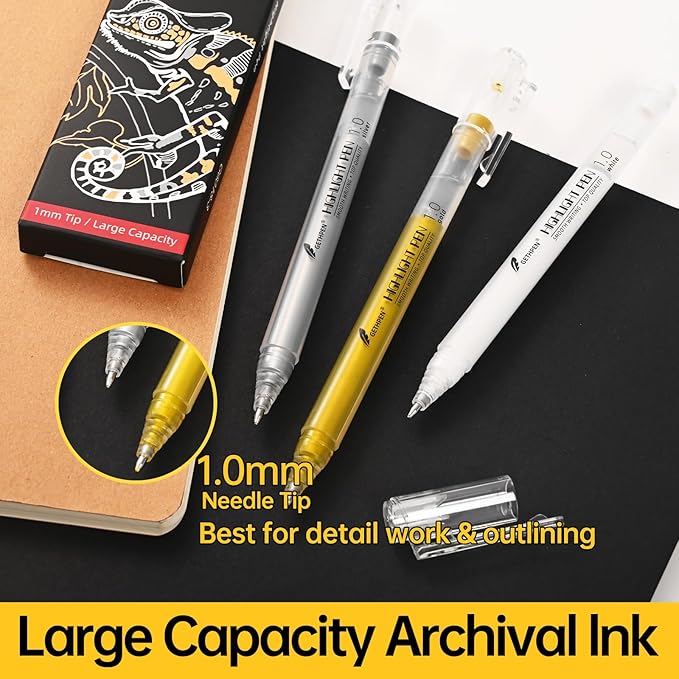 White Pens, 3Pack, White Gel Pens for Artists,1mm Extra Fine Point, White Gel Pen, White Ink Pen, White Pens for Black Paper, White Drawing Pens,White Pen for Artists Drawing