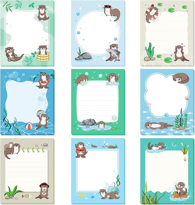 Sabary 9 Pads Sticky Notes 3.15 x 3.94 Inches Cute Self Sticky Note Pads Colored Adhesive Notepad for Memo Reminder Journal Studying Office Home Gift (Otter)