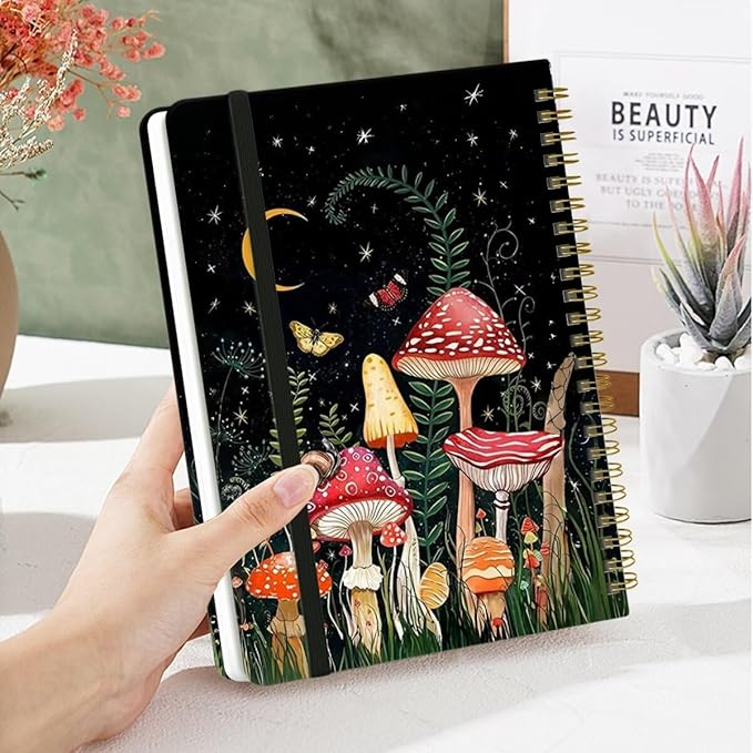 Spiral Notebook - A5 Spiral Notebooks, 8.3'' × 5.8'', 160 Pages, Aesthetic Journaling Notebooks for Women, College Lined Notebook with Elastic Closure, Back Pocket, for School Office, Mushroom House