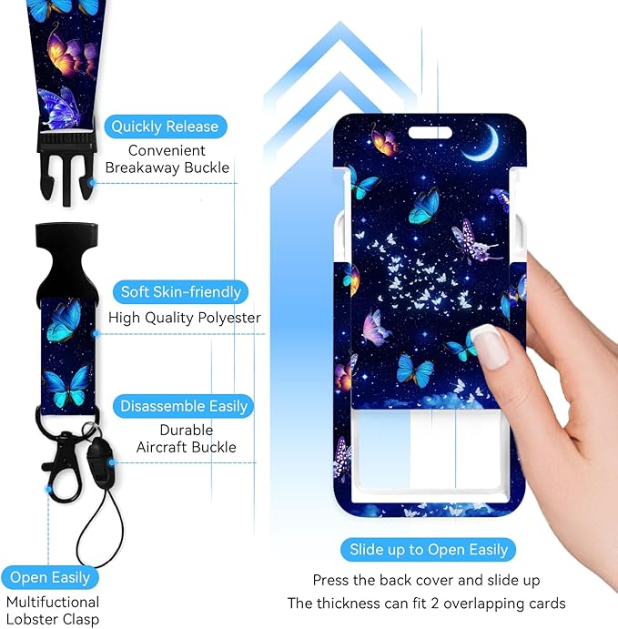 Butterfly Badge Holder with Retractable Reel and Breakaway LanyardBadge Clips Retractable Heavy Duty Badge Reel,Funny Keychain,ID Holder with Breakaway Lanyard for School Nurse Office Teen