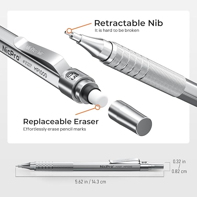 Nicpro 0.5 Mechanical Pencil Set with Case, 3PCS MP1000 Metal Artist Pencil & 8 Tube HB Lead Refills 0.5mm, 3 Erasers,9 Eraser Refills For Architect Writing Drafting, Drawing, Engineering, Sketching