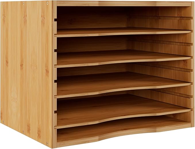 Bamjoy Bamboo 5 Tier Desktop Organizer, Paper Organizer Mail Sorter, File Holder Letter Document Storage with Adjustable Shelves for School Home Office, Natural