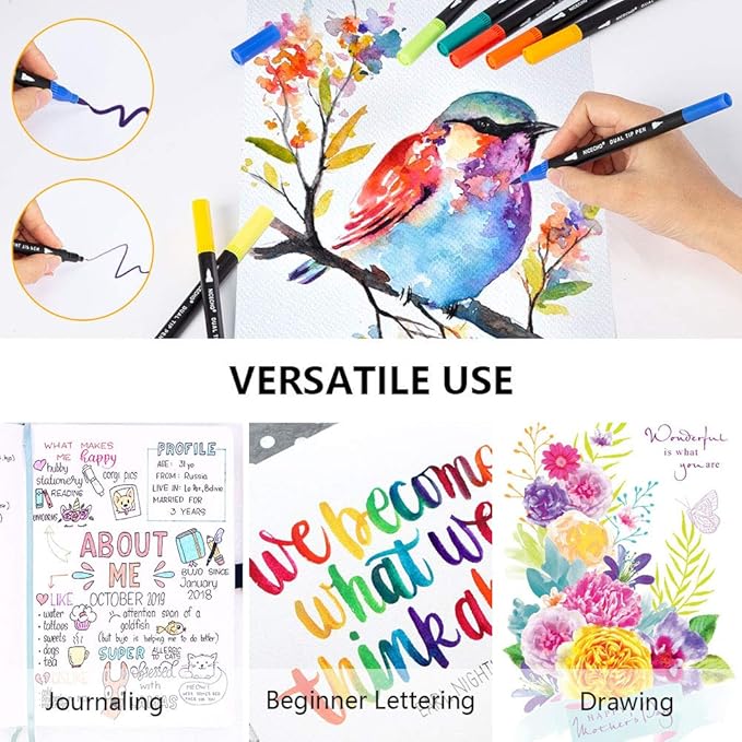 Art Markers Dual Brush Pens for Coloring, 60 Artist Colored Marker Set, Fine and Brush Tip Pen Art Supplier for Adult Coloring Books, Bullet Journaling, Drawing