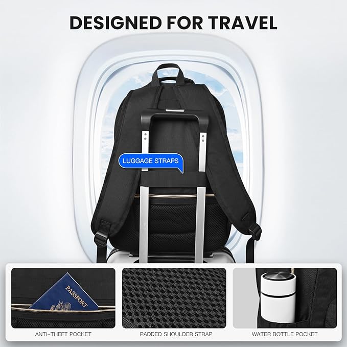 Travel Laptop Backpack for women, Work Backpack Woman with USB Charging Port, Water Resistant College Backpack, Stylish Quilted Girls Backpack Casual Daypack for 15.6 Inch Laptop, Black