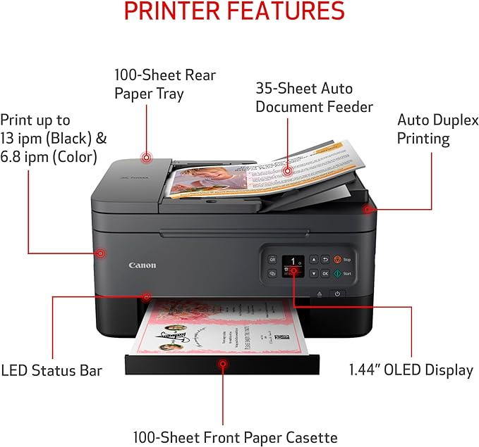 Canon PIXMA TR7020a All-in-One Wireless Color Inkjet Printer, with Duplex Printing, Mobile Printing, and Auto Document Feeder, Black, Works with Alexa