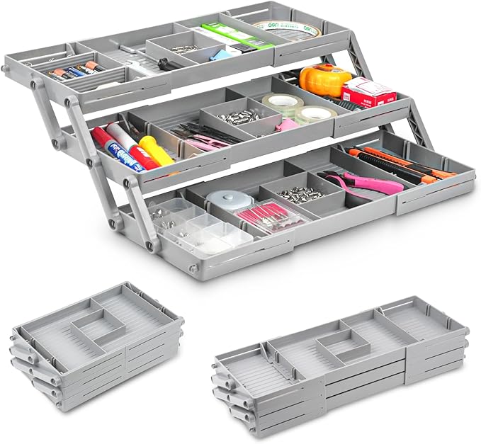 3 Tier Drawer Organizer, Multi Level Smart Drawer Organizer for Desk, Expandable Junk Organizer for Office, Makeup, Jewelry, Kitchen, Folding Storage Organizer for Home and Office Drawers