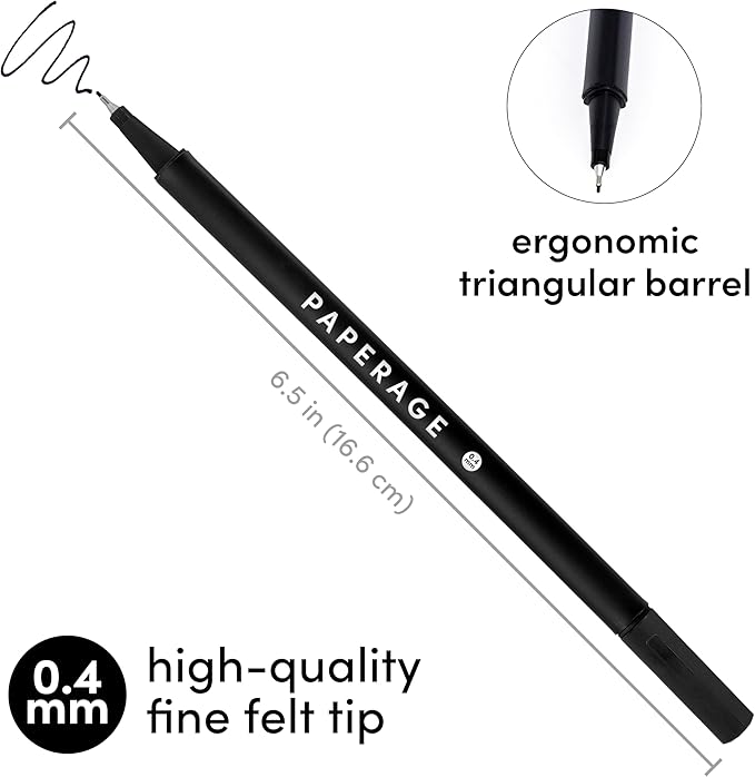 PAPERAGE Felt Tip Fine Point Pens (0.4mm), 12 Pack, Colored Pens For Journaling, Notebooks, Planners, Calendars & Drawing, Great for School, Office, & Home (Rainbow)