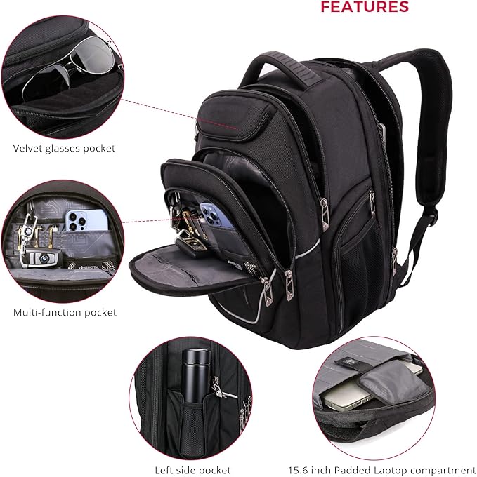 Swissdigital Design Large Travel Backpack For Men, TSA-Friendly Business Laptop Backpack, USB Charging Port,RFID Protection Tech Backpack Fits 15.6Inch Laptop (TERABYTE J16BTF-02) One Nation One World