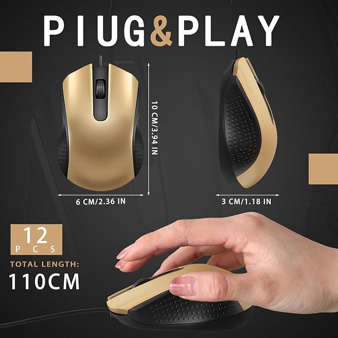 Hoteam 12 Pcs Wired Computer Mouse Bulk Cord USB Computer Mice Ergonomic Wired Mouse for Pcs, Computers, Laptops, Gaming Office Home Supplies(Gold)