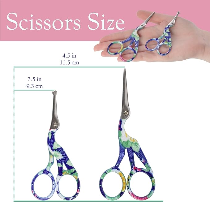 Stork Bird Rounded Safety Tip Embroidery Craft Stainless Steel Crane Scissors - Blue - 2 Pairs