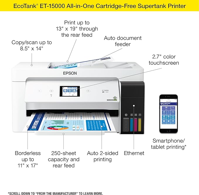 Epson EcoTank ET-15000 Wireless Color All-in-One Supertank Printer with Scanner, Copier, Fax, Ethernet and Printing up to 13 x 19 Inches, White