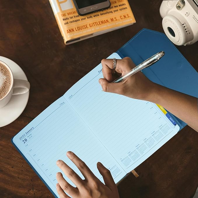 2025 Daily Monthly Planner - Calendar, January - December 2025, 100GSM Thick Paper, Leather Cover, Planner with Hourly Schedule,6.1" x 8.2", Daily Inside Page - Monthly Inside Page, Pen Holder, Bookmarks (Light blue)