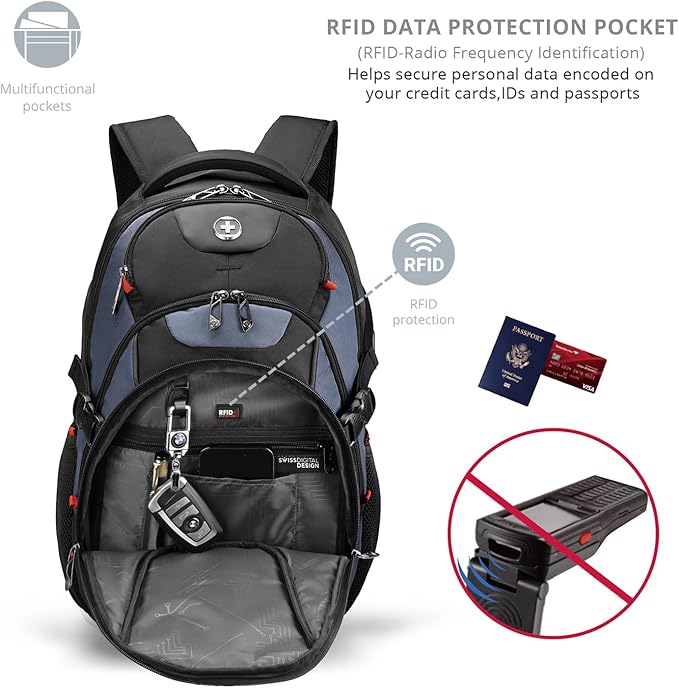 Swissdigital Design Large Business Laptop Backpack with Smart USB Charging Port Travel Backpack Fits 15.6 inches laptops (VECTOR SD803-16 Haze Blue/Black) One Nation One World