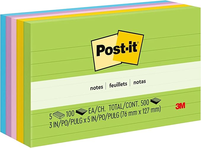 Post-it Notes, 3 in x 5 in, 5 Lined Sticky Notes Pads, 100 Sheets per Pad, Floral Fantasy Collection, School Supplies and Office Products