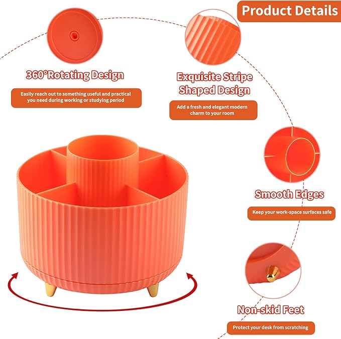 Desk Pencil Pen Holder, 5 Slots 360°Degree Rotating Pencil Pen Organizers for Desk, Desktop Storage Stationery Supplies Organizer, Cute Pencil Cup Pot for Office, School, Home, Art Supply, Orange