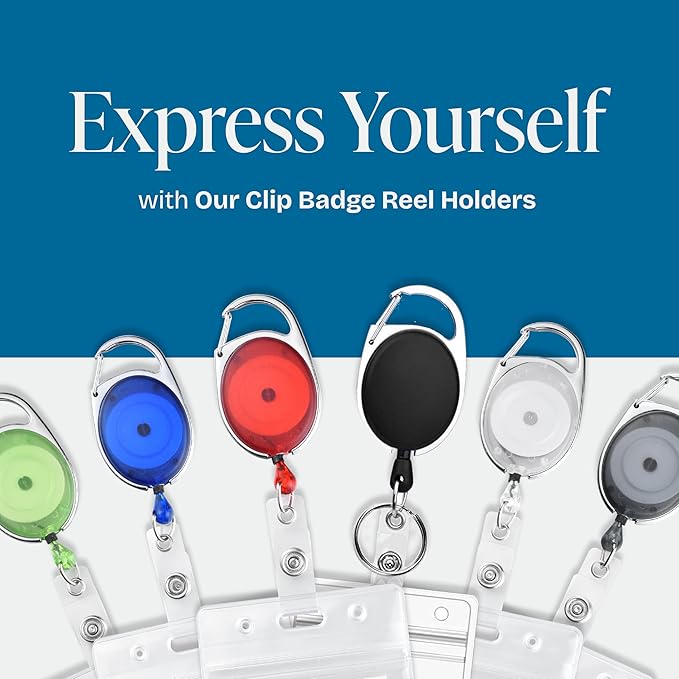 Will Well ID Badge Holders with Clip and Keyring - Vertical Clear Plastic 3.7" x 2.5" Sleeves Fit Up to 3 Cards - Retractable 24" UHMWPE Fiber Pull Cords - 2-Pack, Transparent White Reels