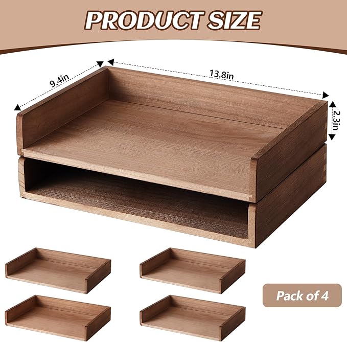Yeaqee 4 Pcs Stackable Paper Tray Letter Tray Desktop Letter Size Wood Desk Organizer Office Wooden Desk Shelf Paper Holder Folder Organization Rack for Mail File Letter Document (Dark Wood Color)