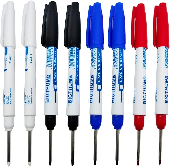 8pcs Waterproof Deep Reach Markers, Long Nose Marker in 2mm Felt Tip, 30mm Reach Permanent Markers and Marker Pens, Deep Hole Marker Carpenter Ink Marker for Carpenters Builders Construction.