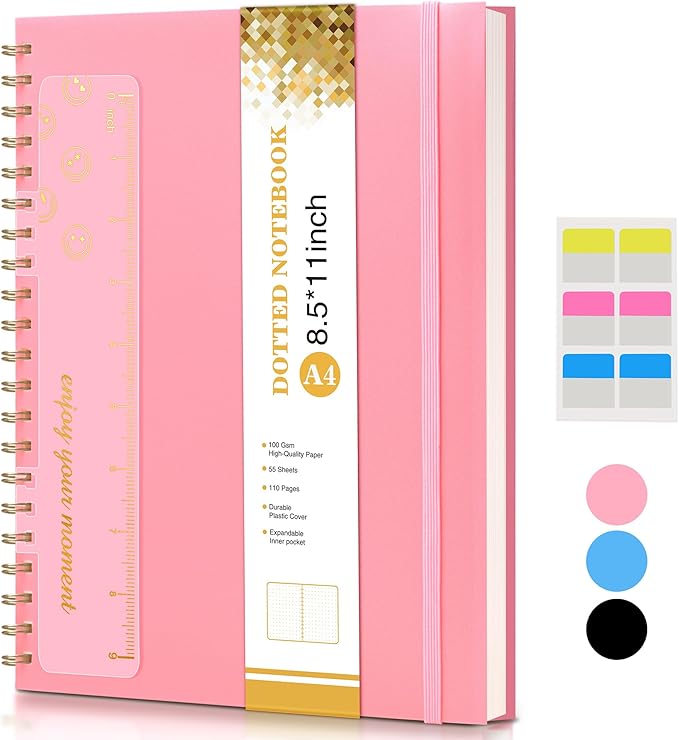 Dotted Notebook, Spiral Notebook Journal 8.5” x 11”, A4 Large Dot Grid Notebooks for Women Men, 100 GSM Dotted Paper, Plastic Hardcover Spiral Bullet Dotted Journals for Work School Sketching, Pink