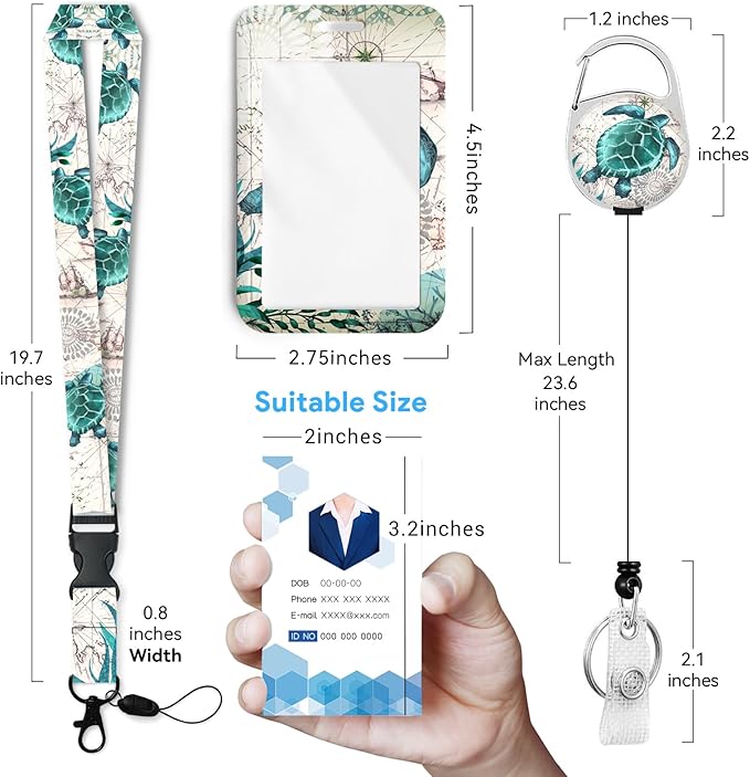 Sea Turtle Badge Holder with Retractable Reel and Breakaway Lanyard,Badge Clips Retractable Heavy Duty Badge Reel,Funny Keychain,ID Holder with Breakaway Lanyard for School Nurse Office Teen