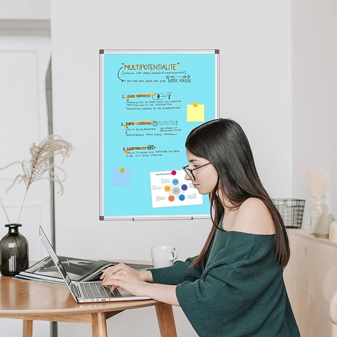 WALGLASS Magnetic Whiteboard 24"x18" Dry Erase White Board for Walls with Pen Tray, Aluminium Frame and Dry-Wipe Writing Surface for Kids' Drawing, Home, and Office (Blue)