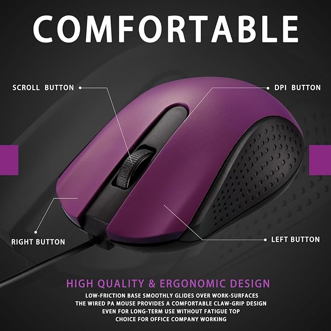 Hoteam 12 Pcs Wired Computer Mouse Bulk Cord USB Computer Mice Ergonomic Wired Mouse for Pcs, Computers, Laptops, Gaming Office Home Supplies(Purple)