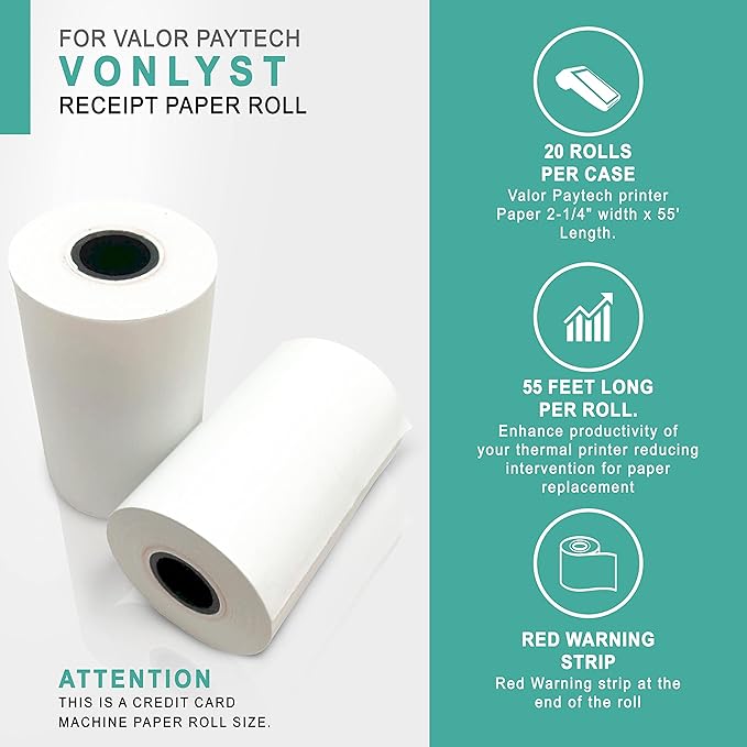 Receipt Paper Roll for Valor Paytech VL 110 and VL 500 Credit Card Machine (20 Rolls)