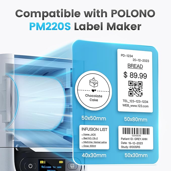 POLONO Genuine Thermal Labels for PM220S Label Makers, 1.57"x1.18" (40x30mm) Thermal Label, Waterproof, Multi-Purpose Self-Adhesive Labels for Small Bussiness, Office, School, 230 Labels/Roll (White)